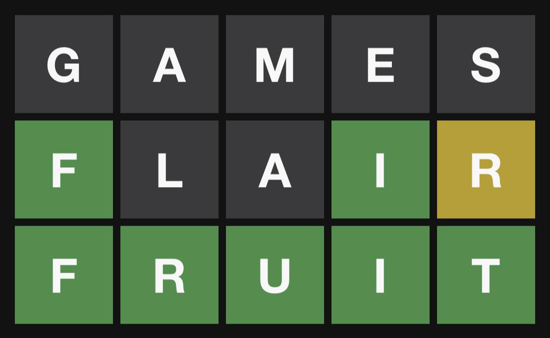NotWordle game board showing a solved puzzle