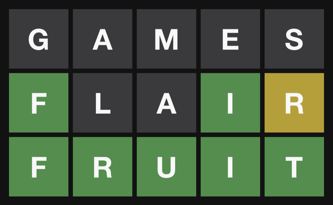 NotWordle game board showing a solved puzzle